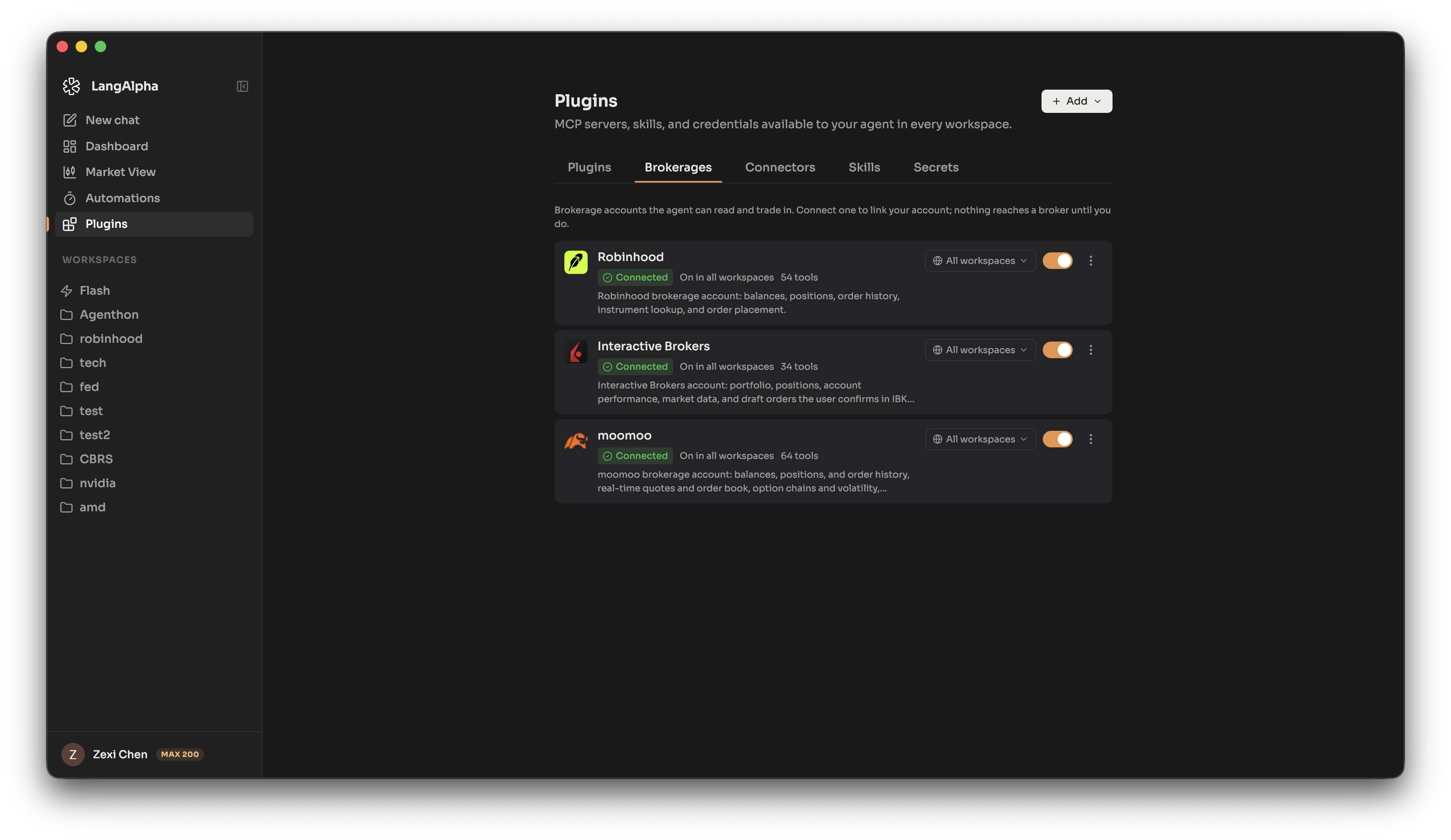 The Brokerages tab, with Robinhood, Interactive Brokers and moomoo connected