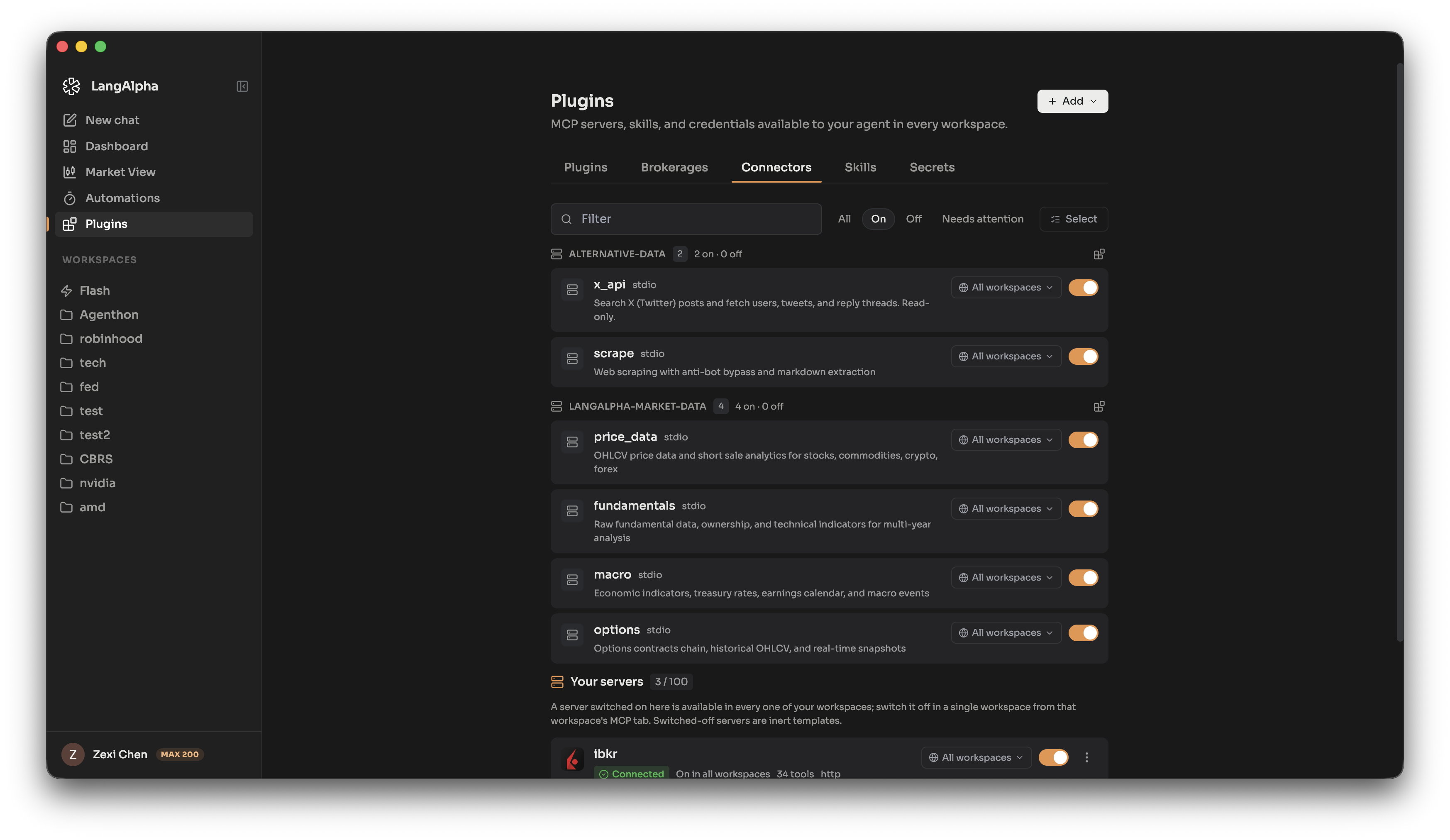 The Connectors tab, with built-in servers grouped by the bundle that ships them