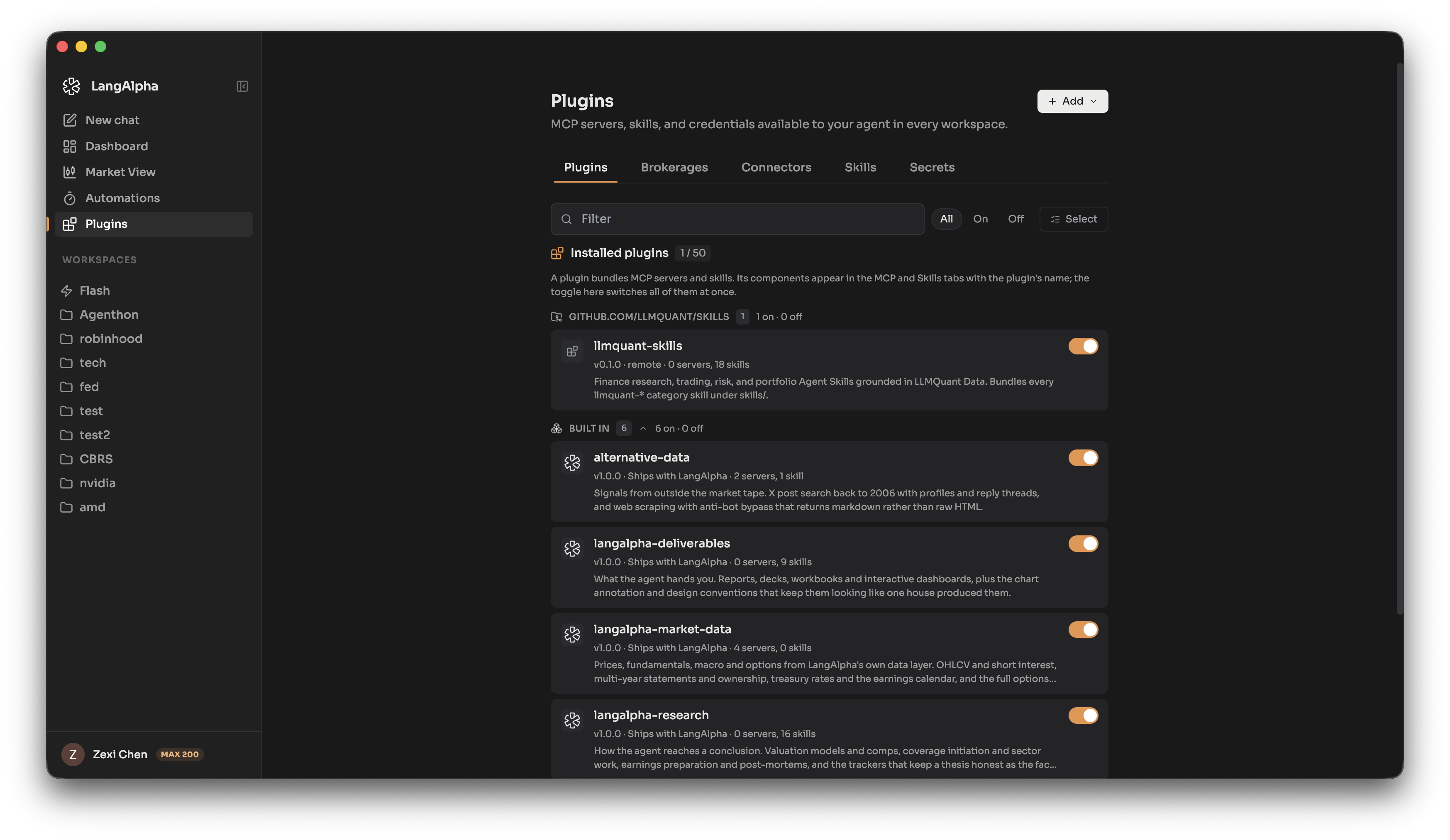 The Plugins tab, showing an installed plugin above the bundles that ship with LangAlpha