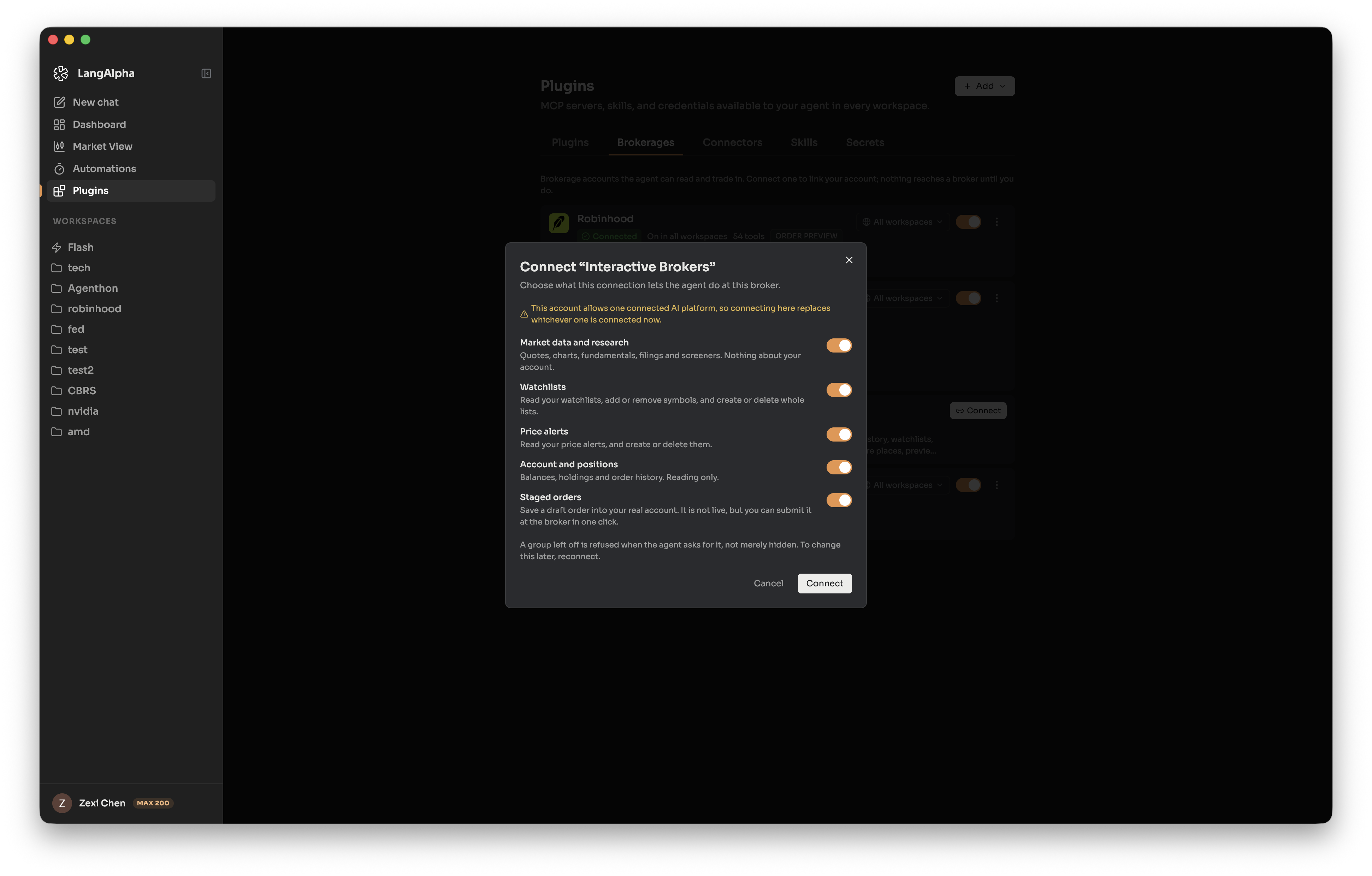 Connecting Interactive Brokers, with one toggle per capability group