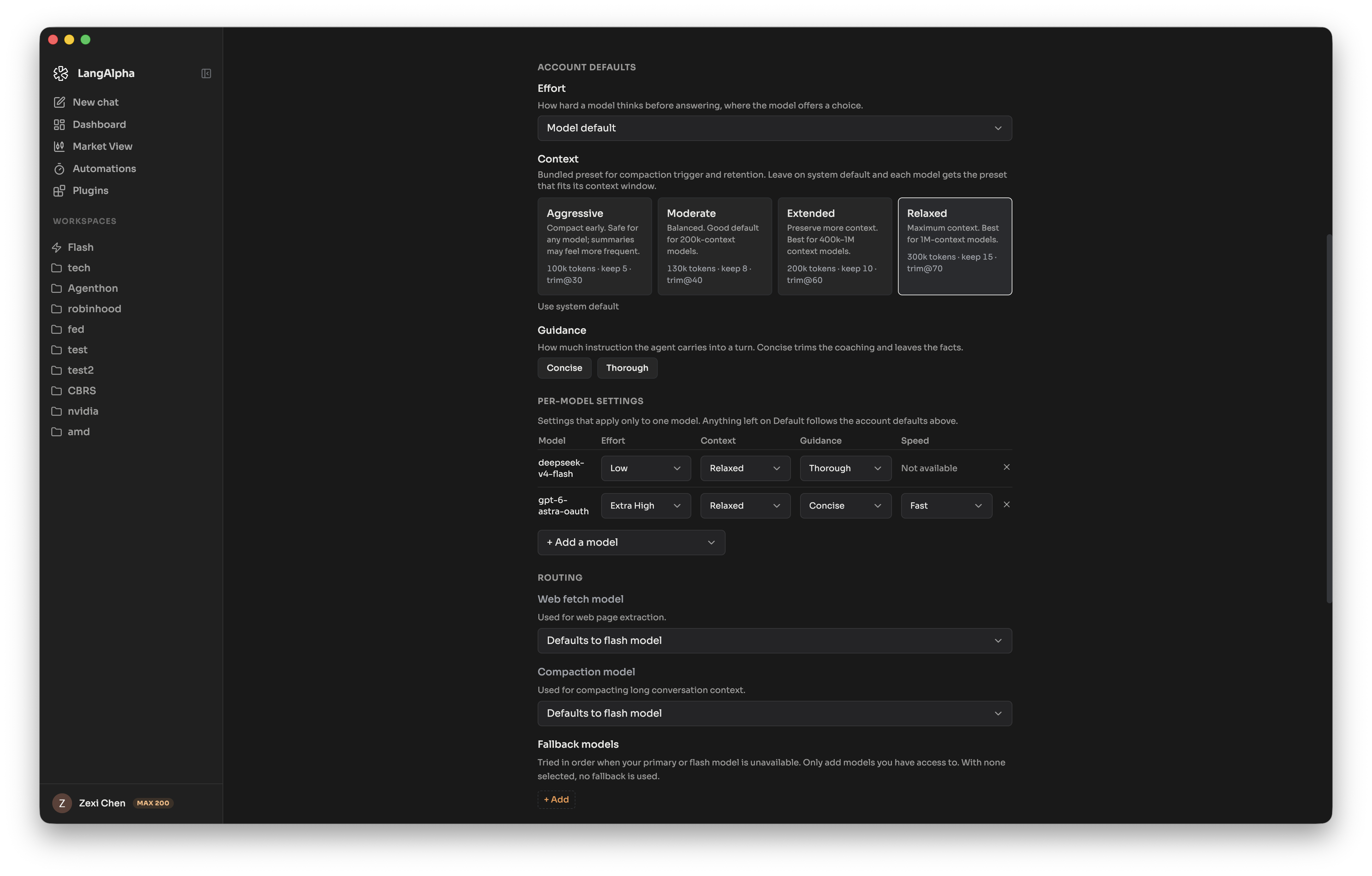 The Models tab in Advanced, with account defaults above the per-model matrix